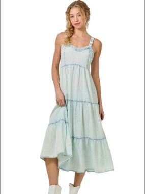 271. Light Blue Tiered Midi Dress with Contrast Stitching